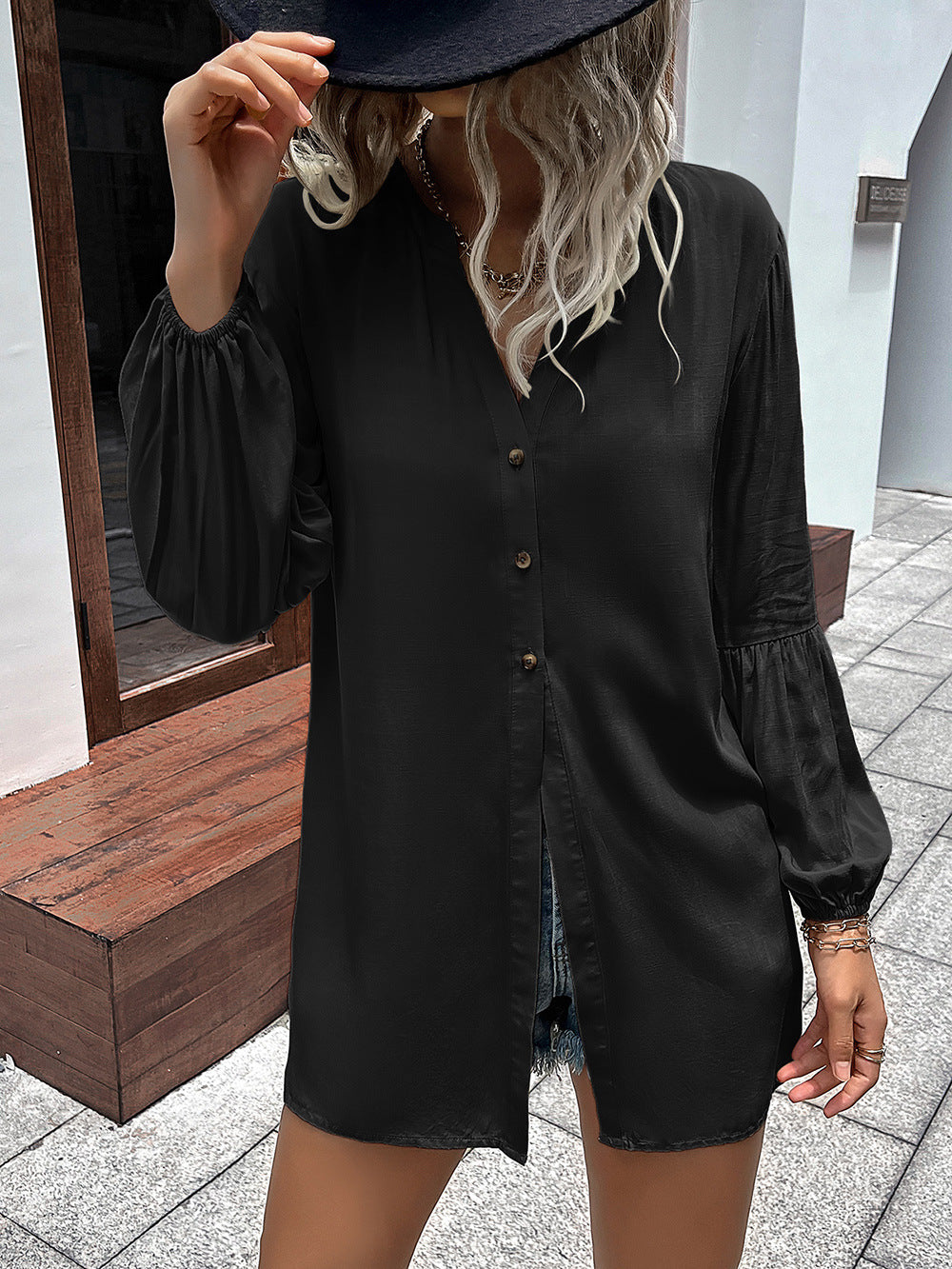 *APP EXCLUSIVE* Notched Neck Balloon Sleeve Shirt
