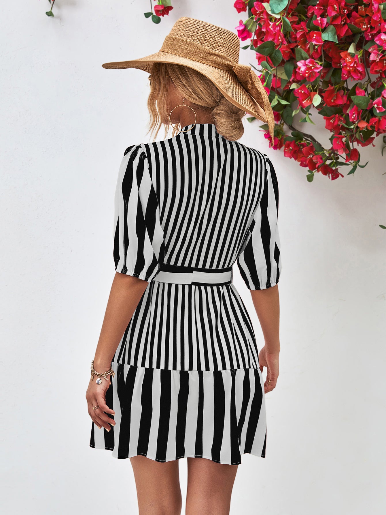 *APP EXCLUSIVE* Striped Half Sleeve Tie Waist Mini Dress
