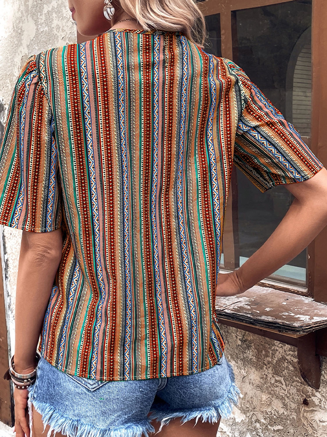 *APP EXCLUSIVE* Aztec Vneck Button-Up Short Sleeve Top