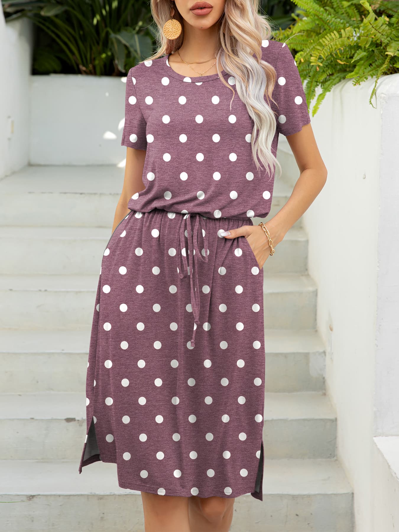 *APP EXCLUSIVE* Round Neck Short Sleeve Slit Dress with Pockets