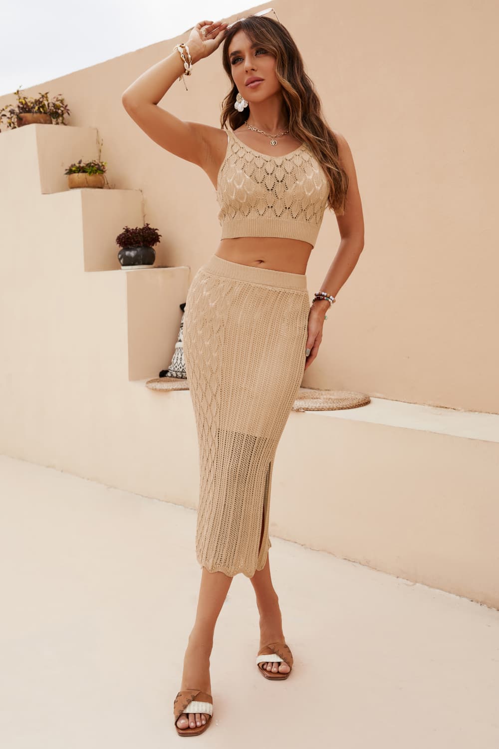 *APP EXCLUSIVE* Openwork Cropped Tank and Slit Skirt Set
