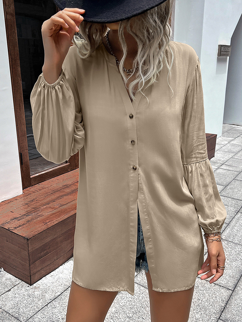 *APP EXCLUSIVE* Notched Neck Balloon Sleeve Shirt