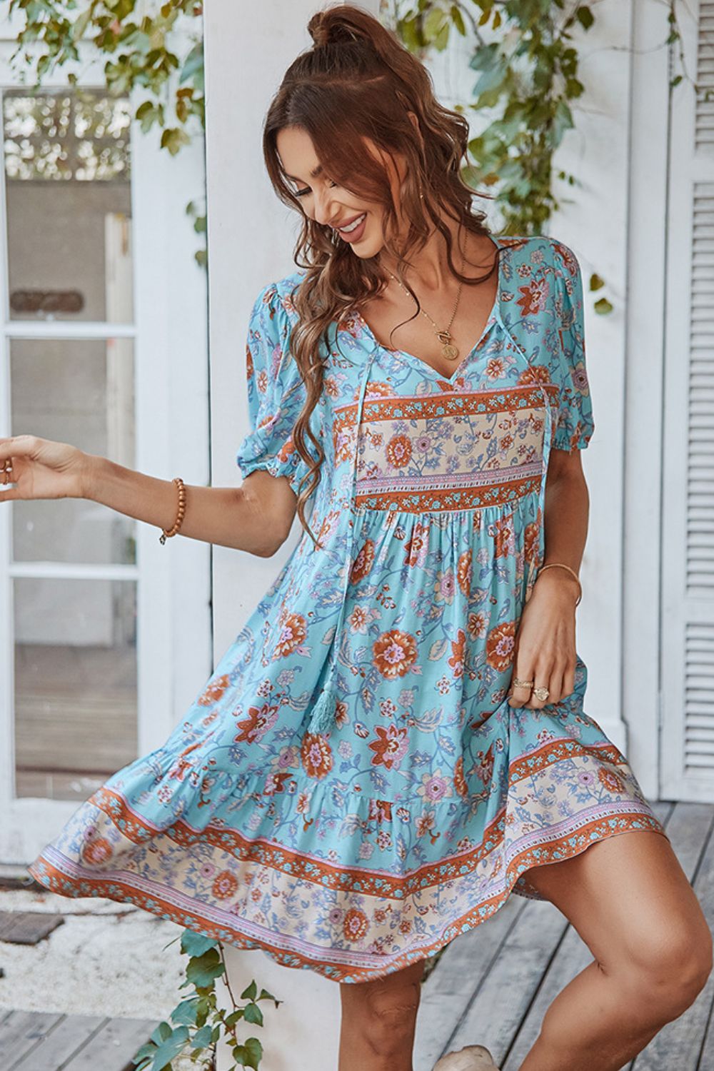 *APP EXCLUSIVE* Tie Neck Short Sleeve Mini Dress