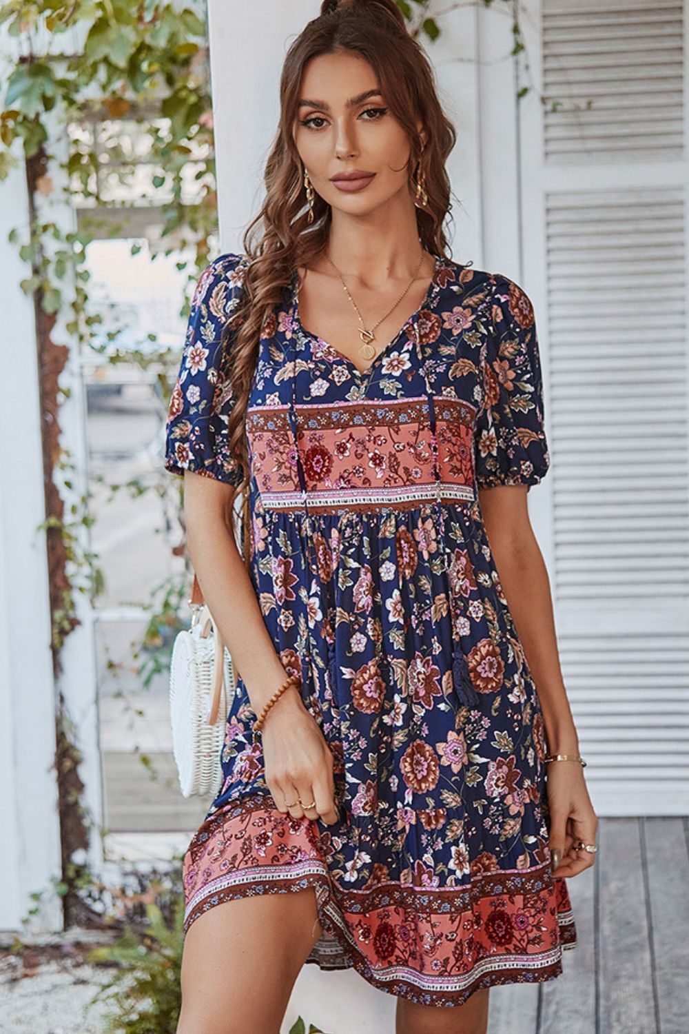 *APP EXCLUSIVE* Tie Neck Short Sleeve Mini Dress
