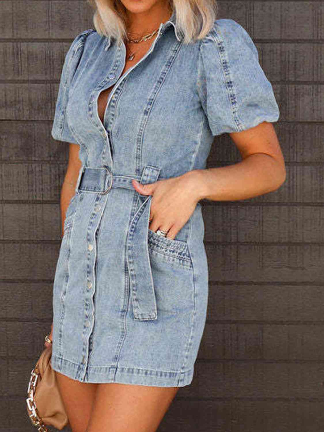 *APP EXCLUSIVE*  Puff Sleeve Button Up Mini Denim Dress