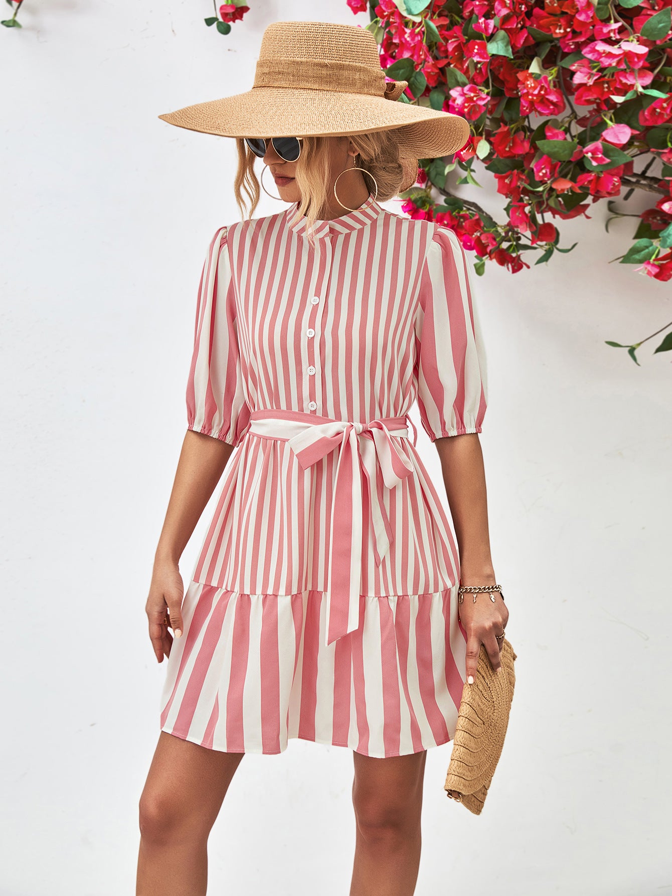 *APP EXCLUSIVE* Striped Half Sleeve Tie Waist Mini Dress