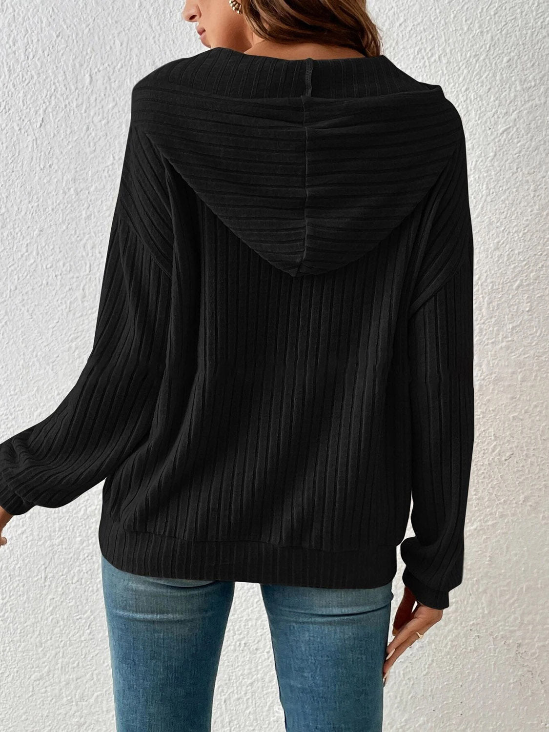 *APP EXCLUSIVE* Ribbed Dropped Shoulder Drawstring Hoodie