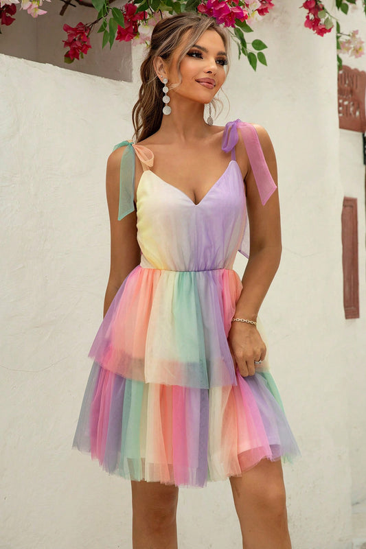 *APP EXCLUSIVE* Rainbow Tie-Shoulder Layered Dress