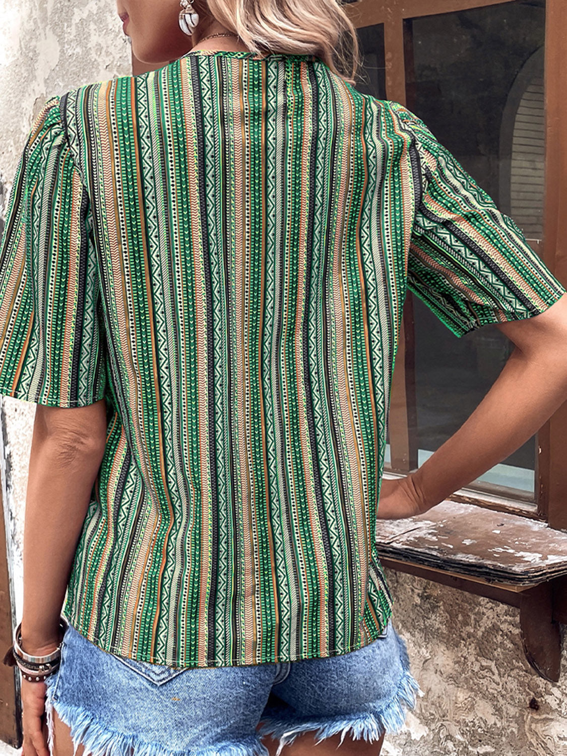 *APP EXCLUSIVE* Aztec Vneck Button-Up Short Sleeve Top
