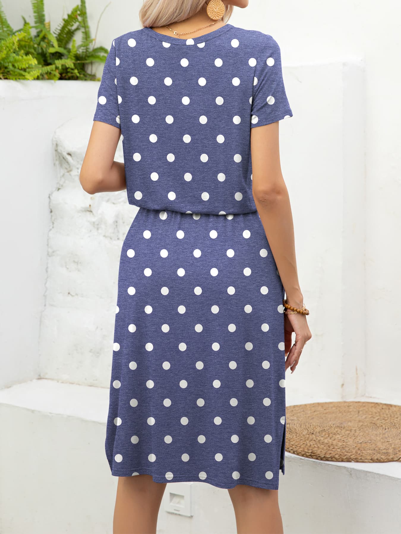 *APP EXCLUSIVE* Round Neck Short Sleeve Slit Dress with Pockets