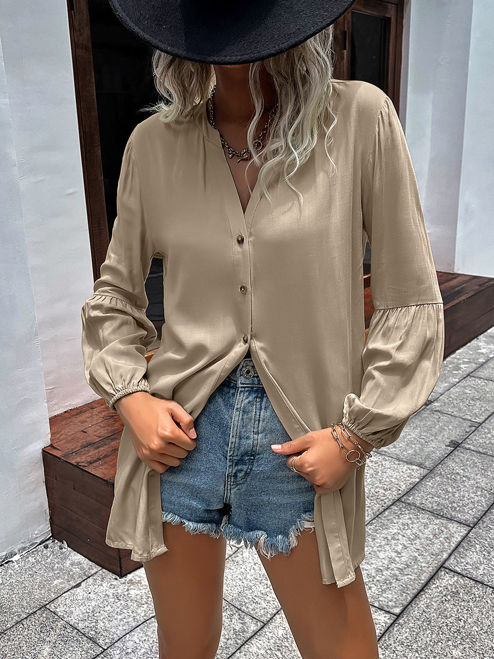 *APP EXCLUSIVE* Notched Neck Balloon Sleeve Shirt