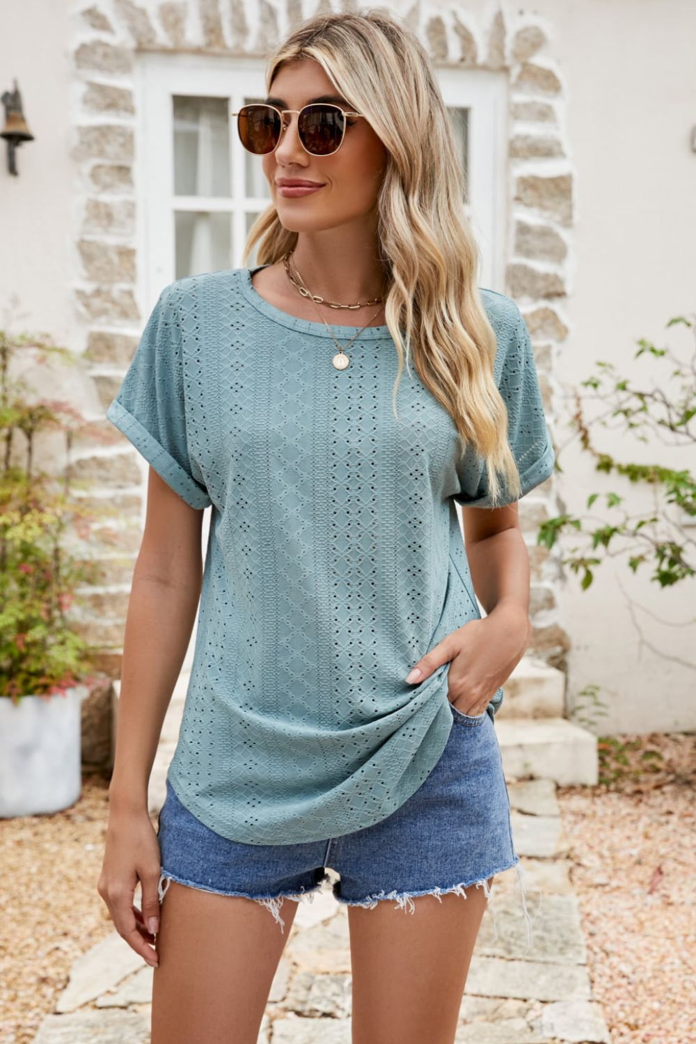 * APP EXCLUSIVE* Eyelet Short Sleeve Top