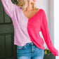Pink Colorblock Vneck Long Sleeve Pullover Sweater