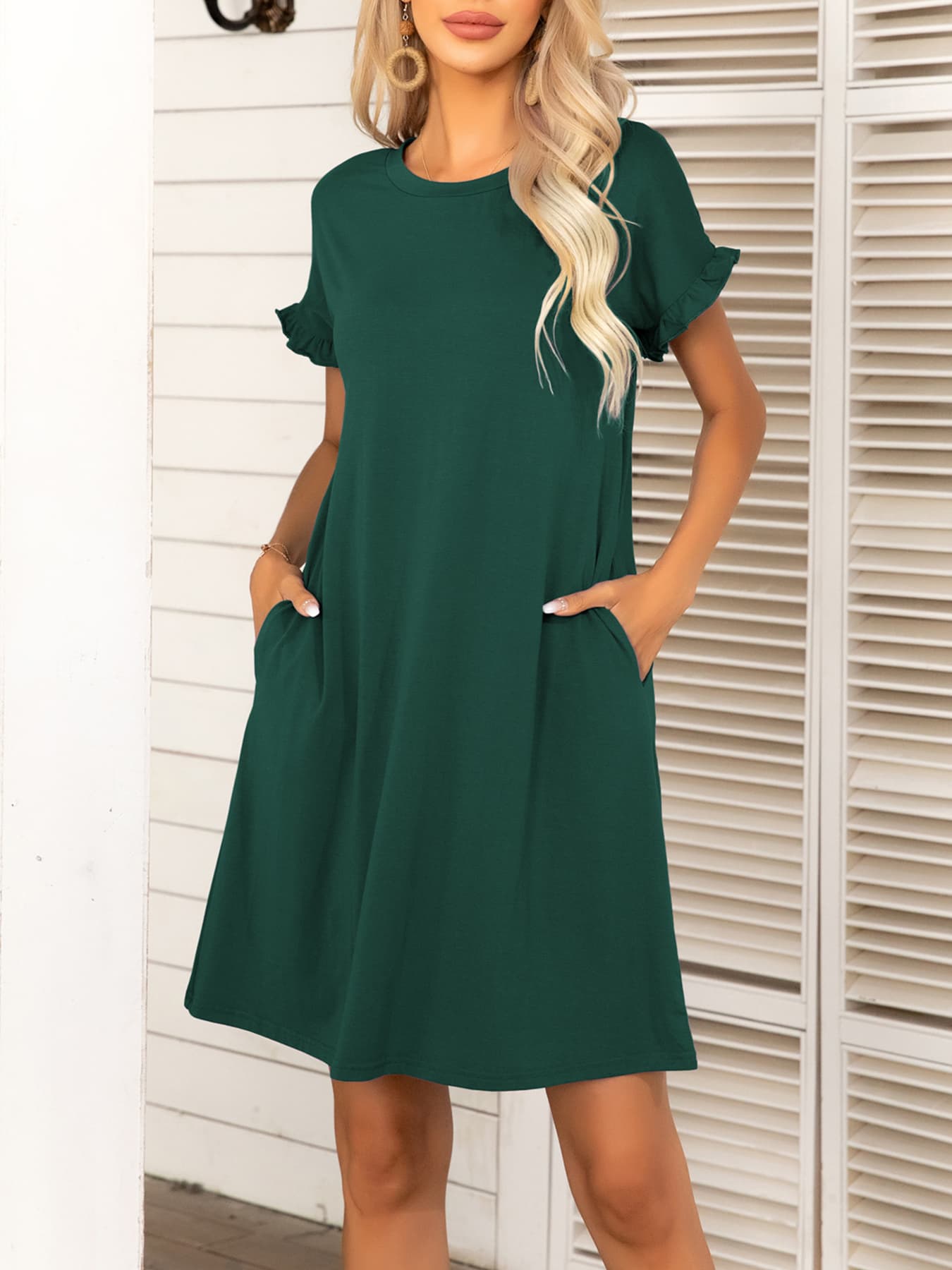 *APP EXCLUSIVE* Round Neck Flounce Sleeve Dress with Pockets