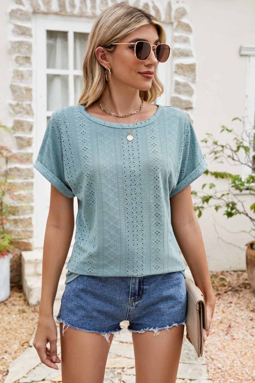 * APP EXCLUSIVE* Eyelet Short Sleeve Top