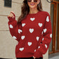 Heart Pattern Lantern Sleeve Round Neck Tunic Sweater