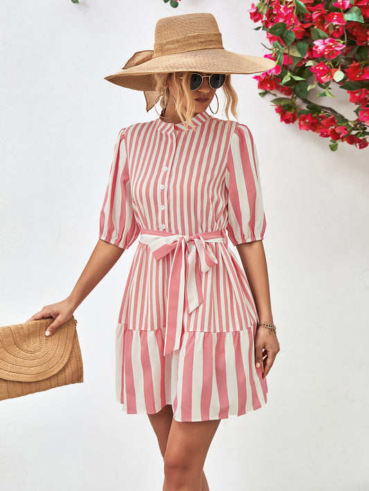 *APP EXCLUSIVE* Striped Half Sleeve Tie Waist Mini Dress