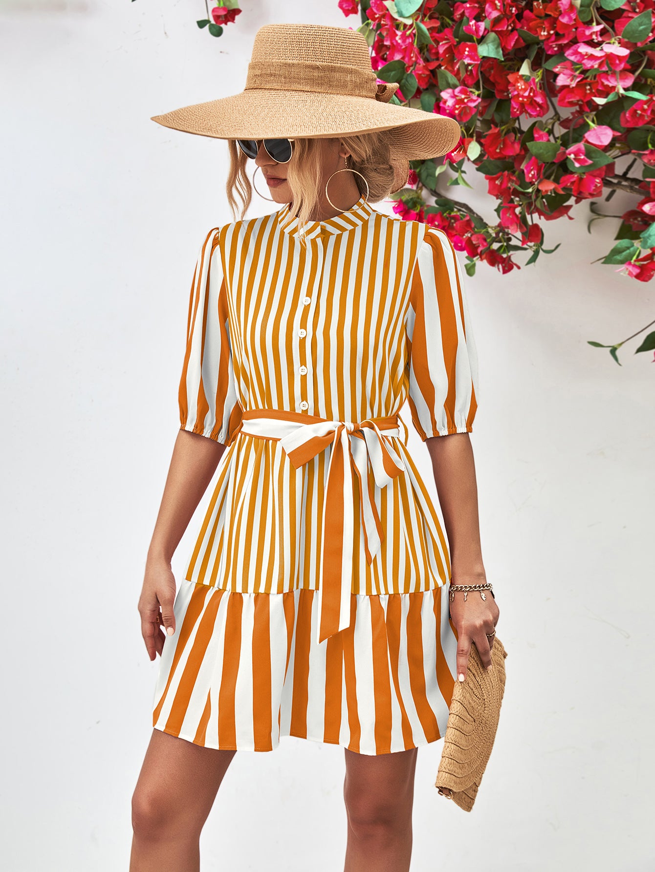 *APP EXCLUSIVE* Striped Half Sleeve Tie Waist Mini Dress
