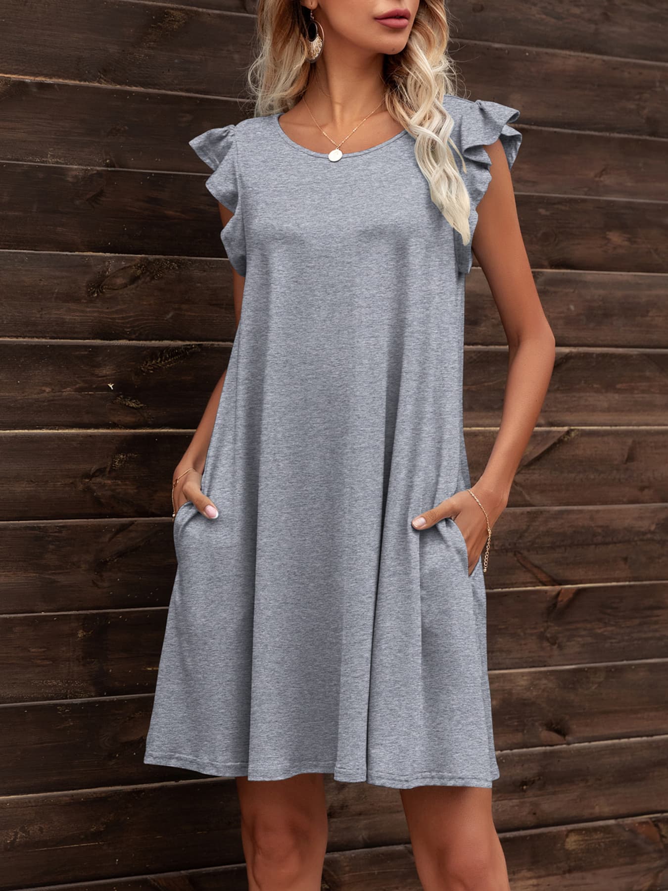 *APP EXCLUSIVE* Round Neck Flutter Sleeve Dress with Pockets