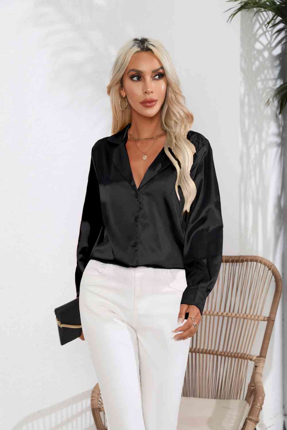 *APP EXCLUSIVE*  Satin Button Up Long Sleeve Shirt