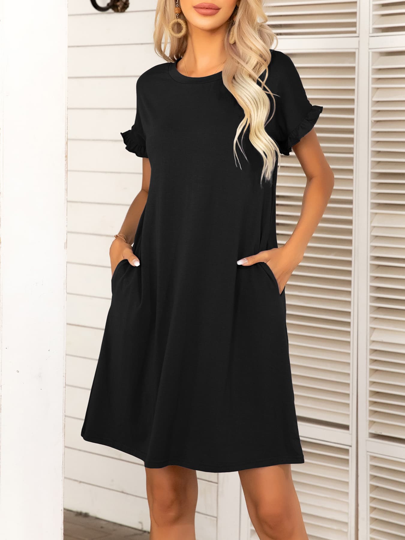 *APP EXCLUSIVE* Round Neck Flounce Sleeve Dress with Pockets