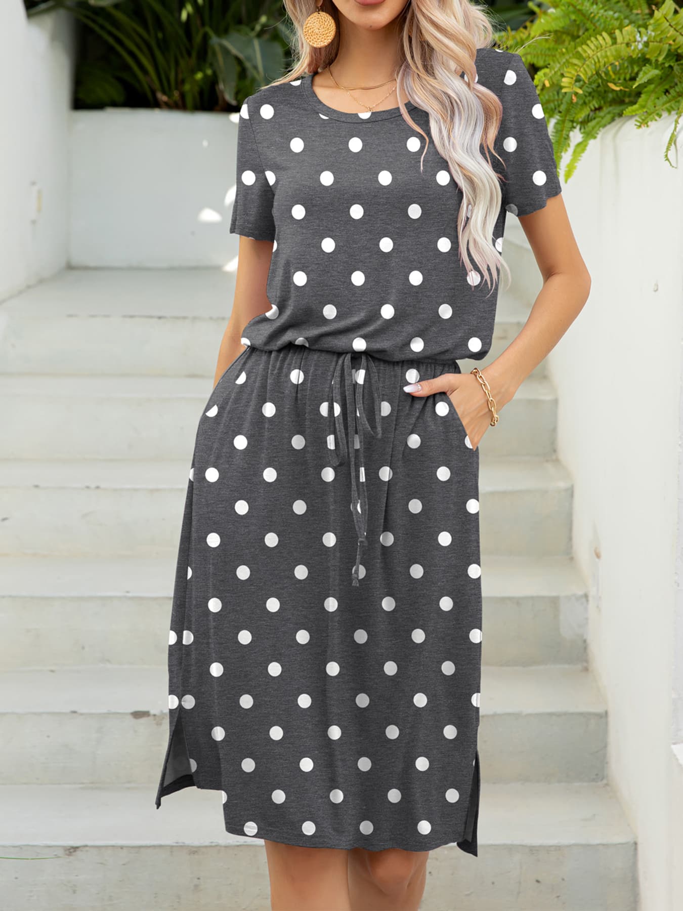 *APP EXCLUSIVE* Round Neck Short Sleeve Slit Dress with Pockets