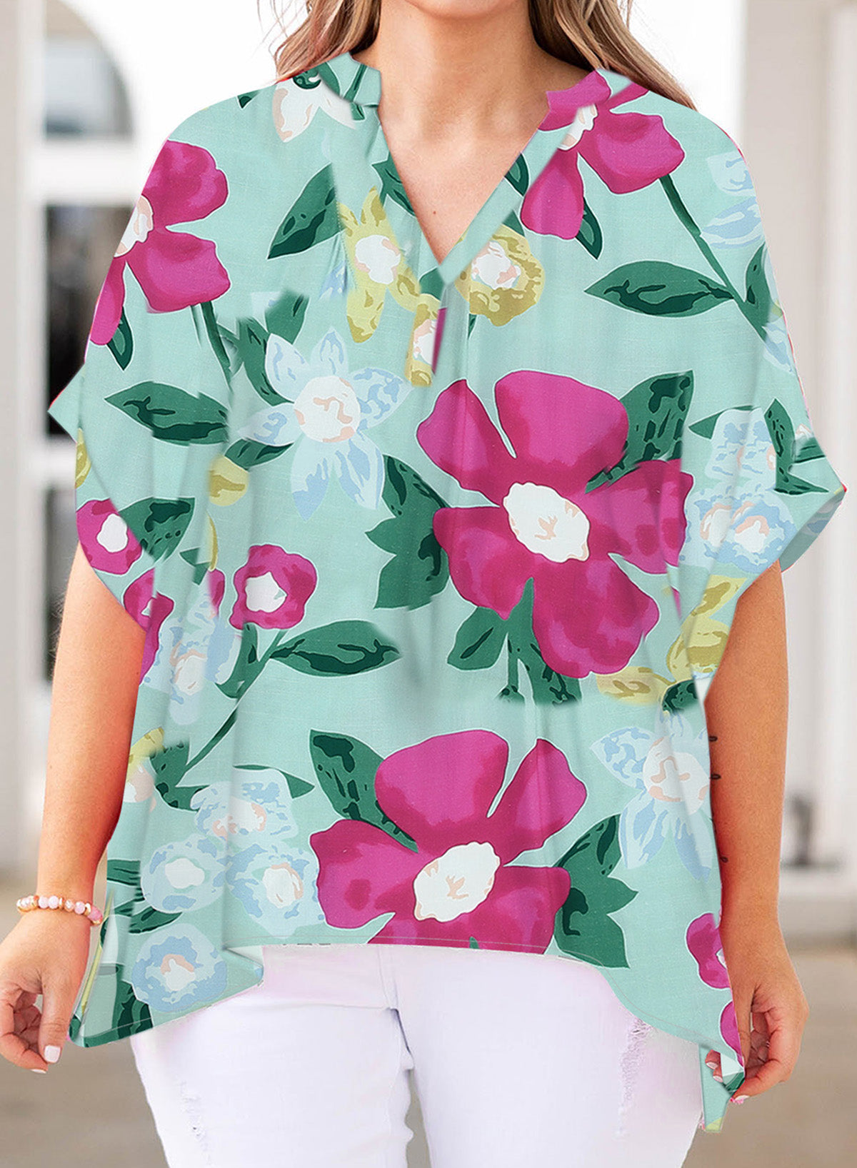 *APP EXCLUSIVE* Printed Notched Neck Half Sleeve Top