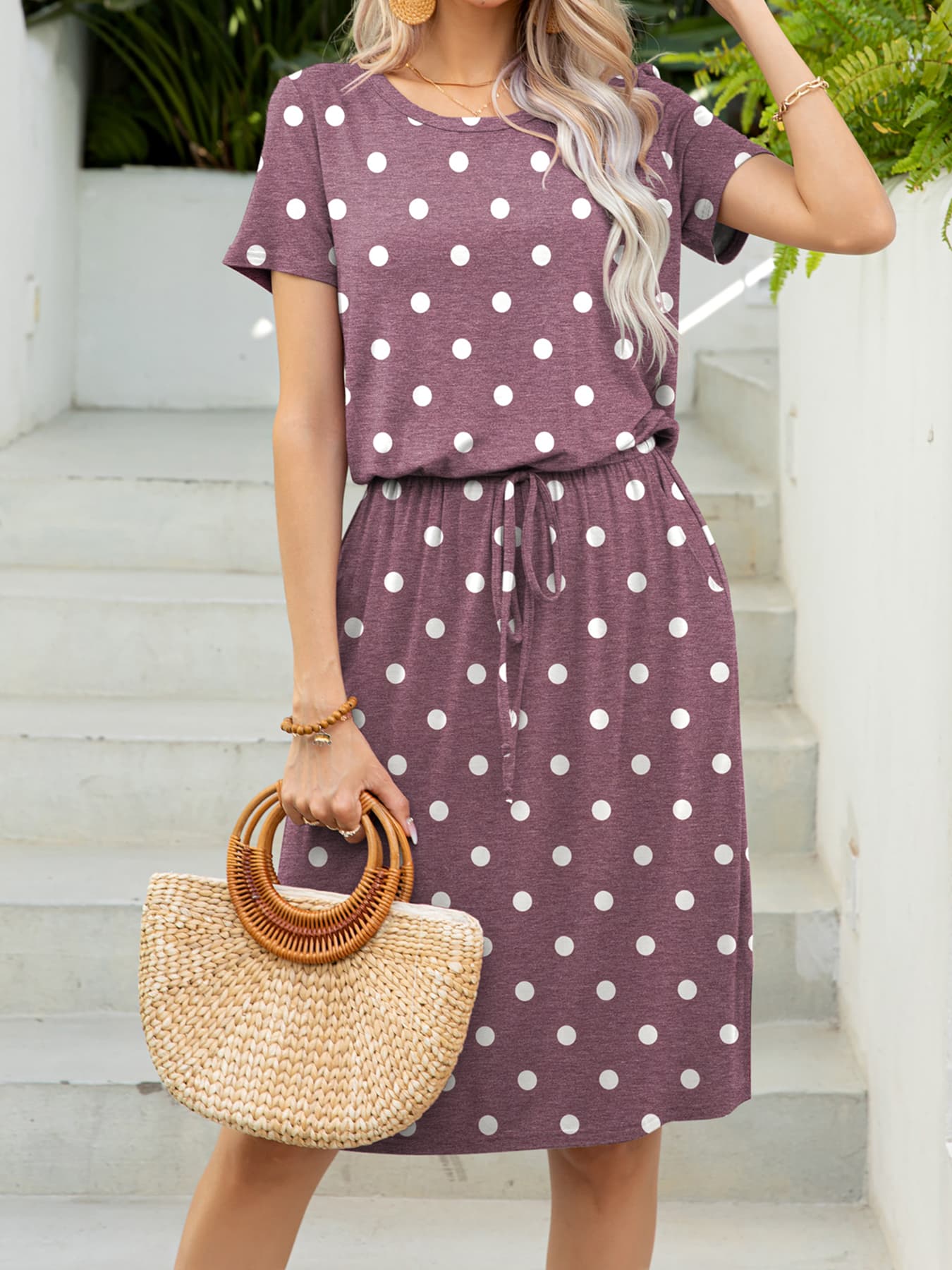 *APP EXCLUSIVE* Round Neck Short Sleeve Slit Dress with Pockets