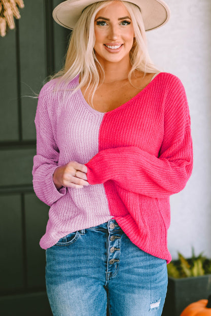 Pink Colorblock Vneck Long Sleeve Pullover Sweater