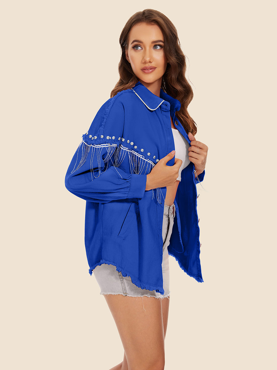 *APP EXCLUSIVE* Raw Hem Fringe Detail Denim Jacket
