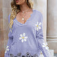 *App Exclusive* Flower Distressed Ribbed Trim Sweater