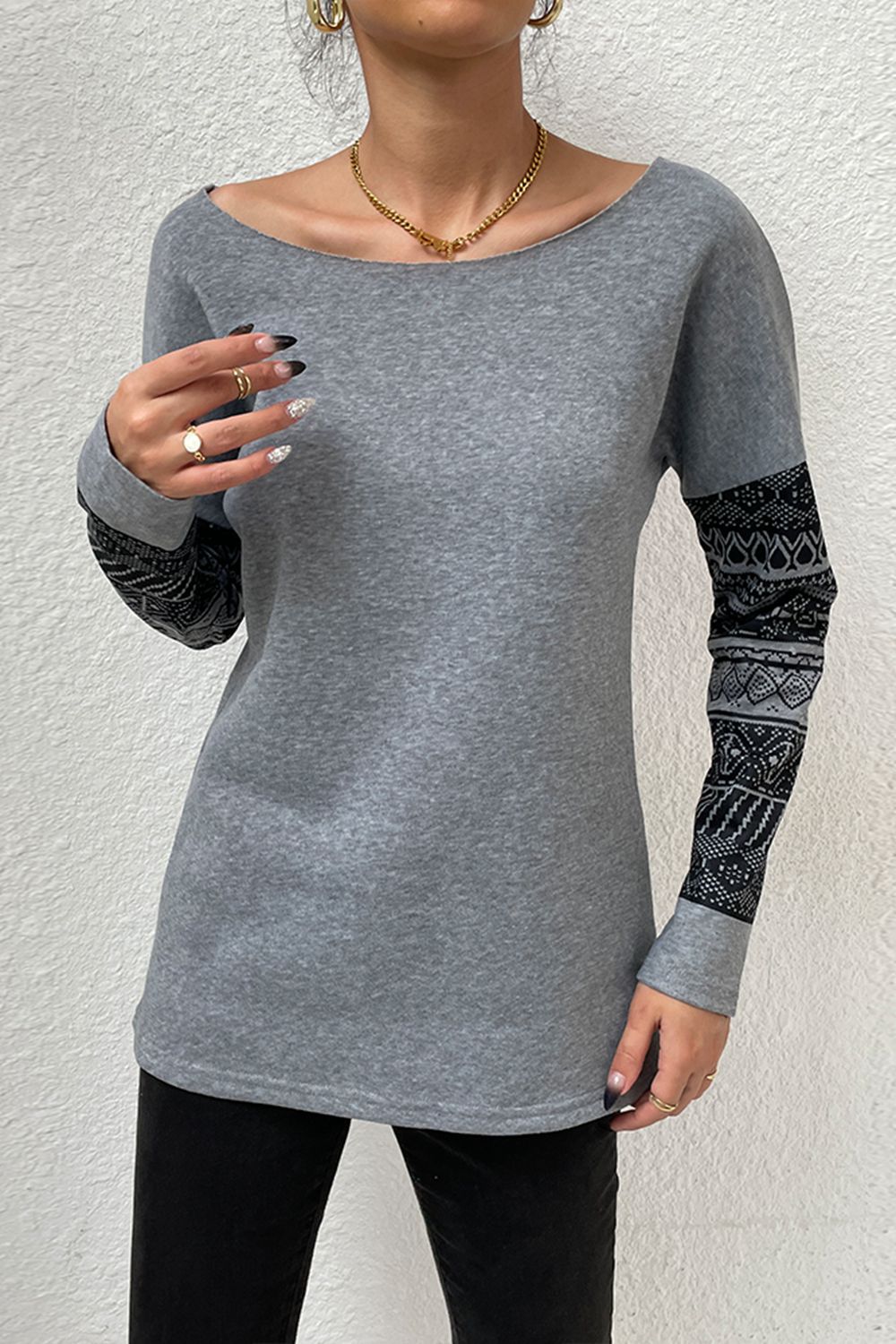 * APP EXCLUSIVE* Boat Neck Long Printed Sleeve Blouse