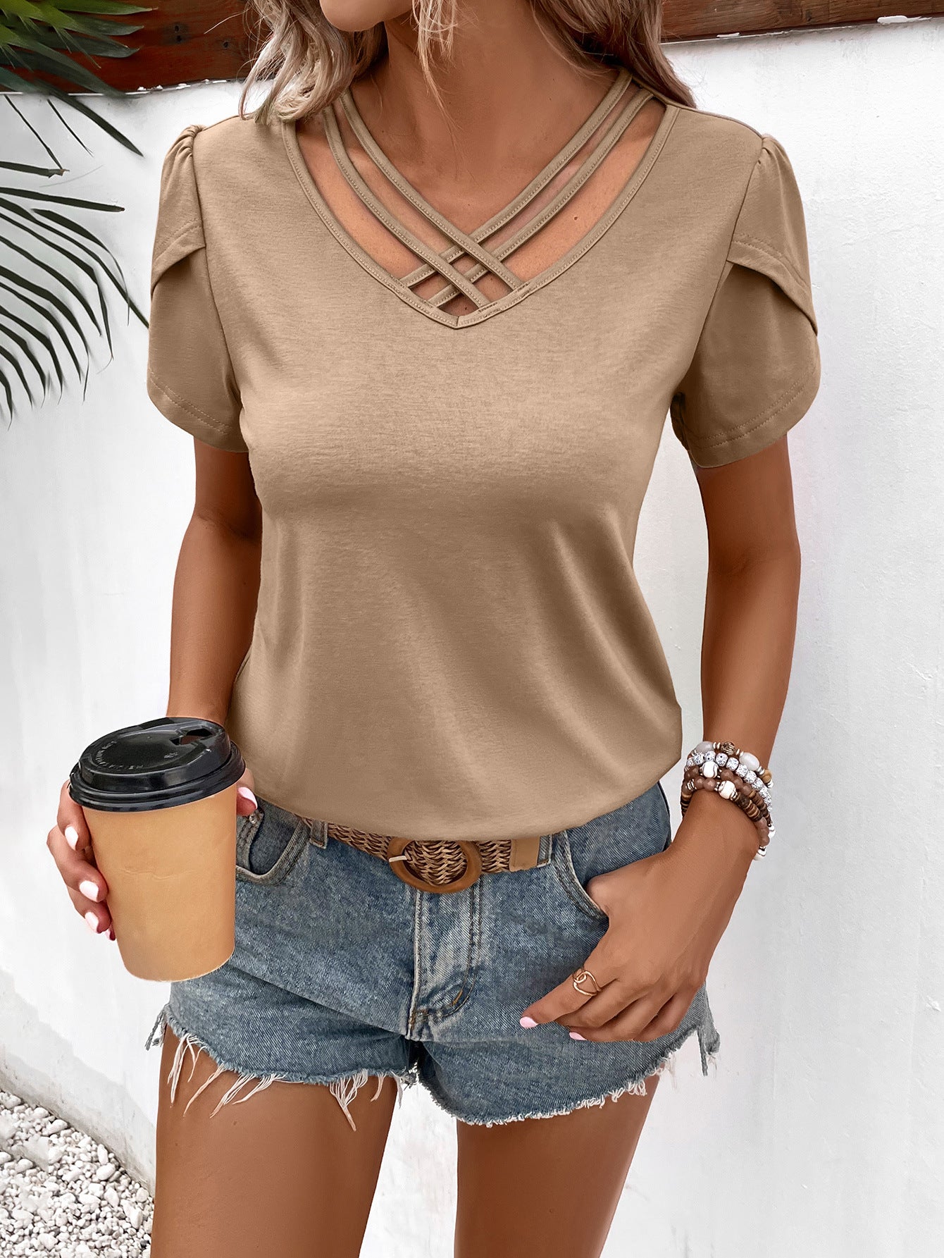*APP EXCLUSIVE* Strappy Vneck Petal Sleeve Top