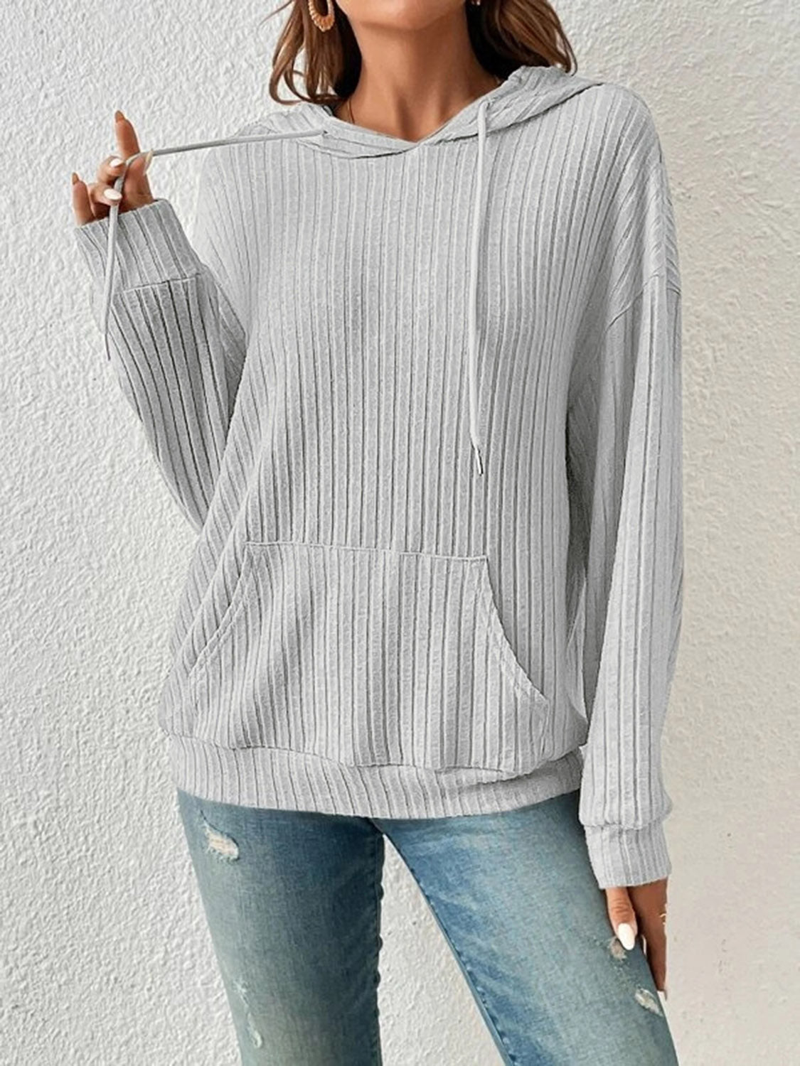 *APP EXCLUSIVE* Ribbed Dropped Shoulder Drawstring Hoodie
