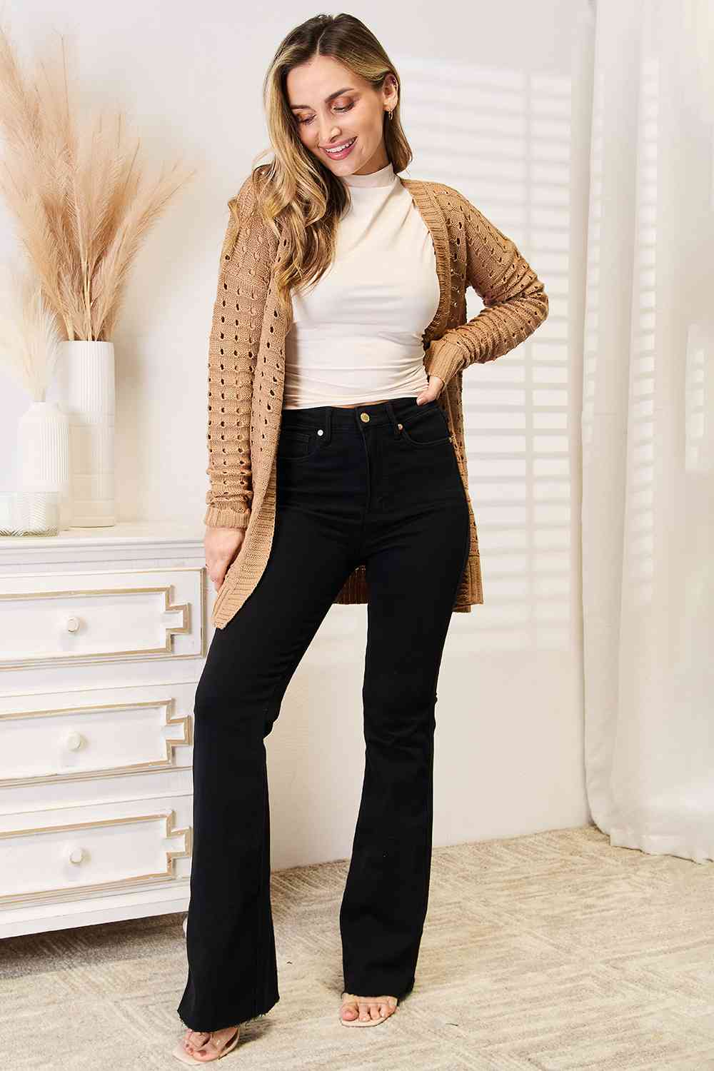 *APP EXCLUSIVE* Woven Right Openwork Horizontal Ribbing Open Front Cardigan