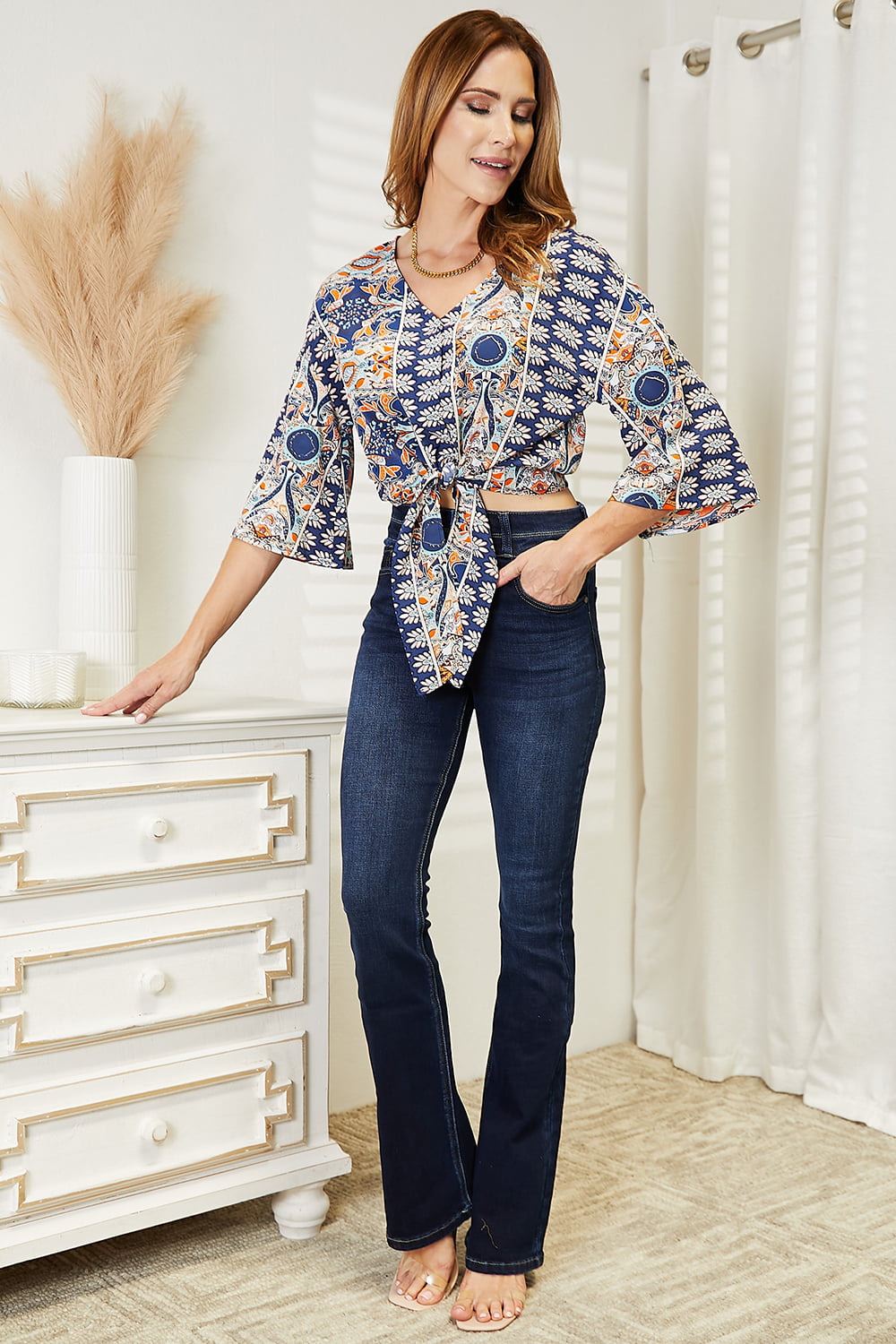*APP EXCLUSIVE* Tie Hem V-Neck Three-Quarter Sleeve Blouse