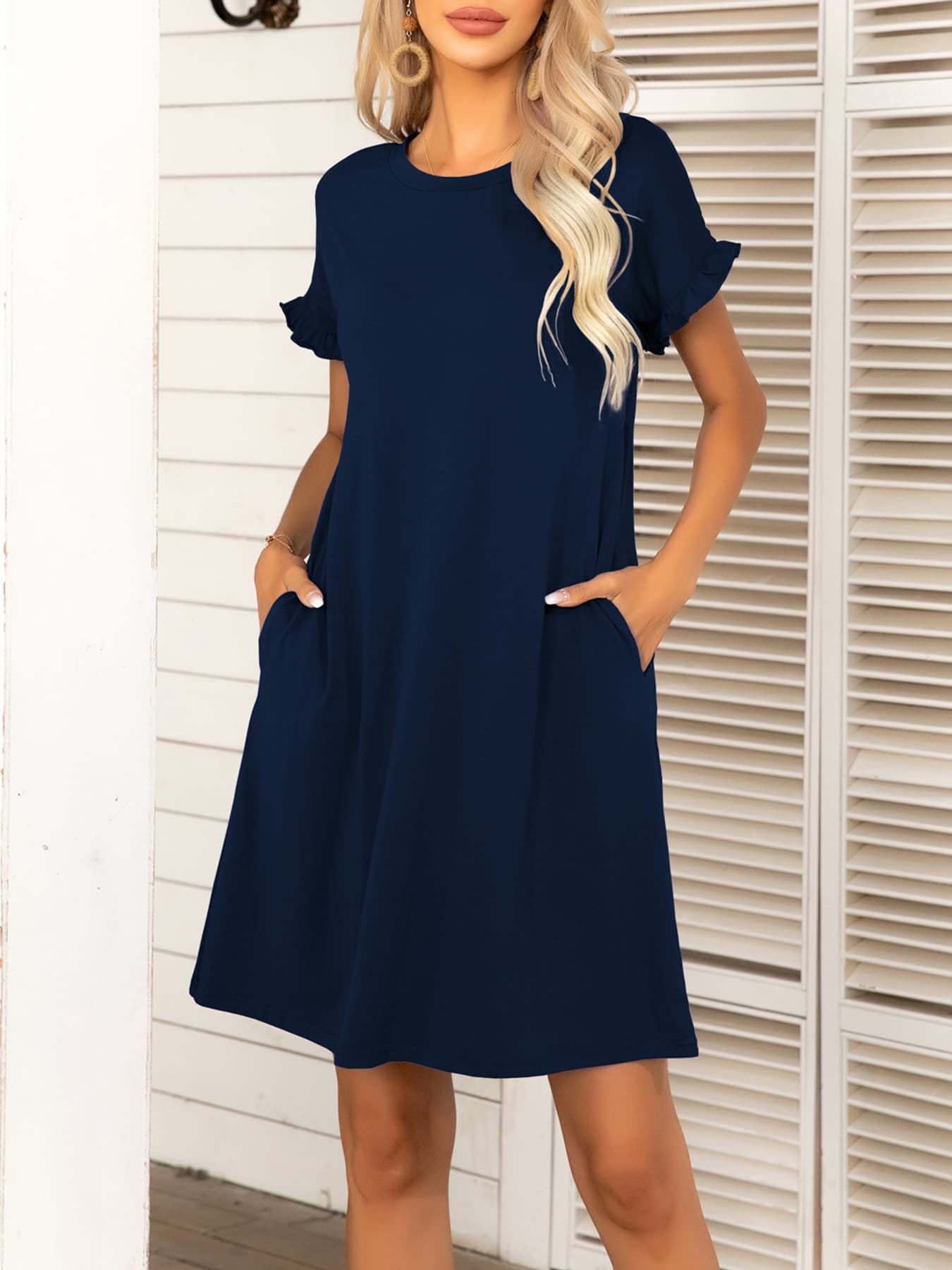 *APP EXCLUSIVE* Round Neck Flounce Sleeve Dress with Pockets