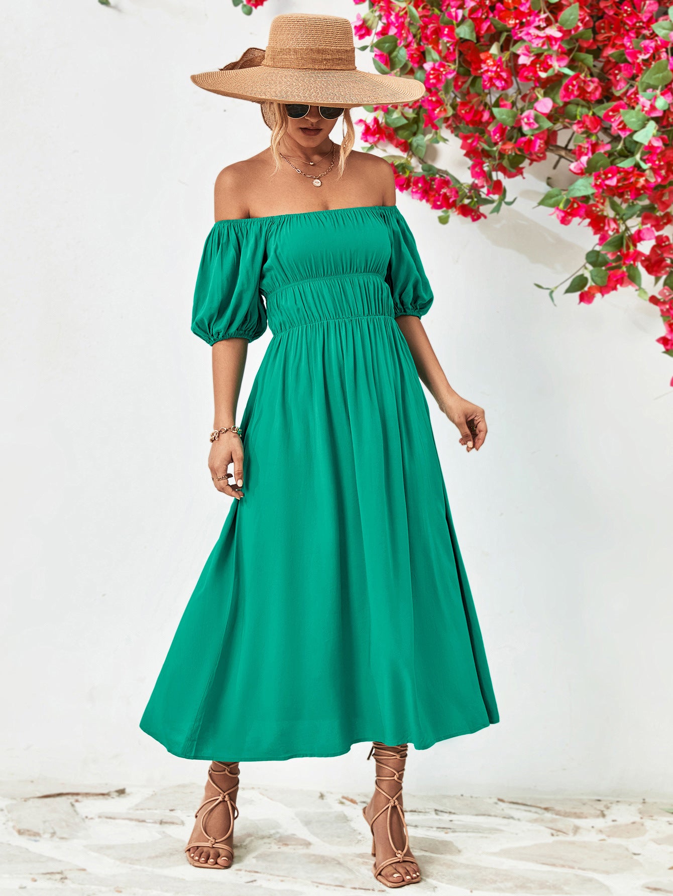*APP EXCLUSIVE* Off-Shoulder Balloon Sleeve Midi Dress