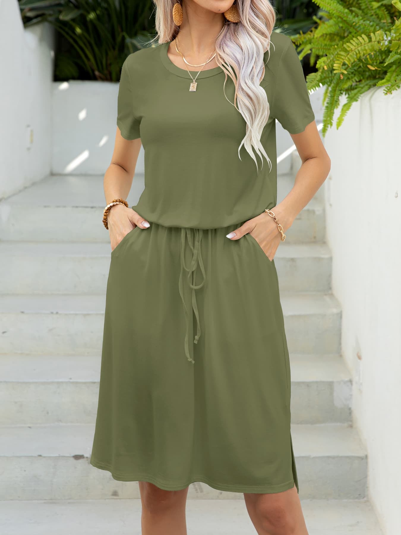 *APP EXCLUSIVE* Round Neck Short Sleeve Slit Dress with Pockets