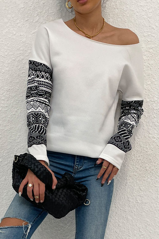 * APP EXCLUSIVE* Boat Neck Long Printed Sleeve Blouse