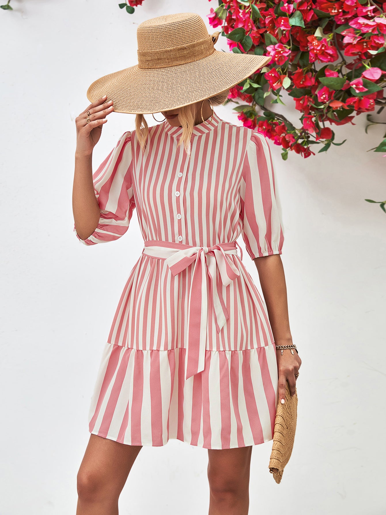 *APP EXCLUSIVE* Striped Half Sleeve Tie Waist Mini Dress