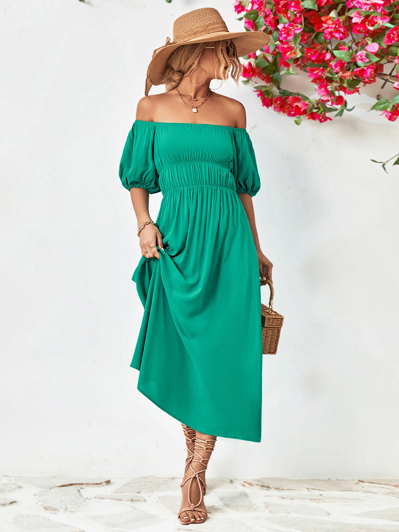 *APP EXCLUSIVE* Off-Shoulder Balloon Sleeve Midi Dress