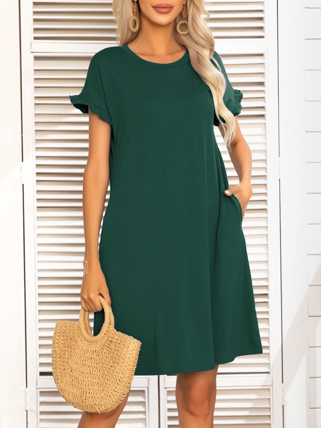 *APP EXCLUSIVE* Round Neck Flounce Sleeve Dress with Pockets
