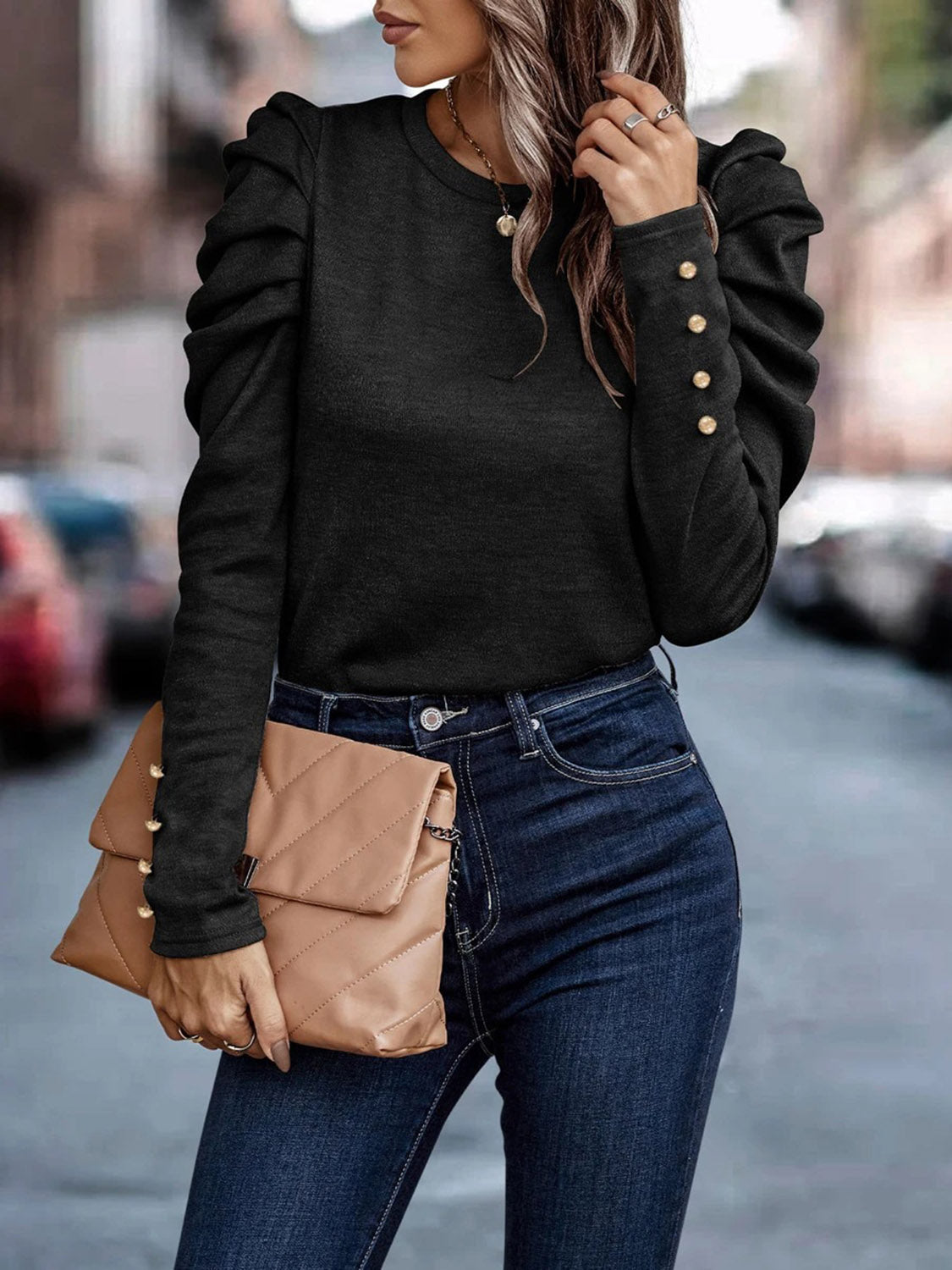 *APP EXCLUSIVE* Decorative Button Puff Sleeve T-Shirt