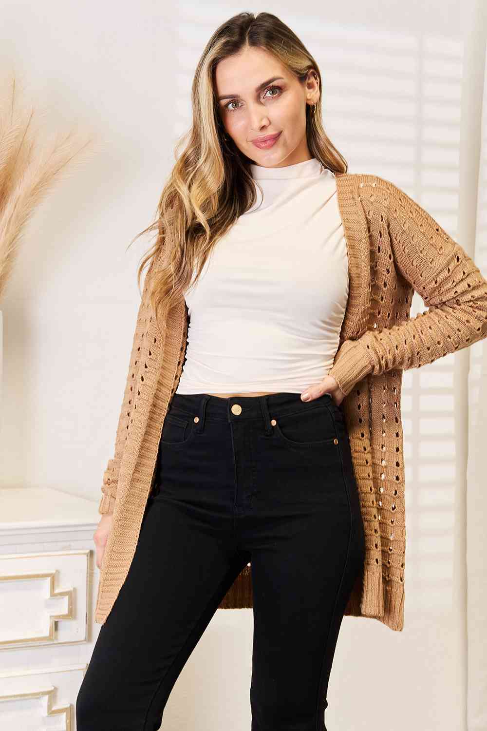 *APP EXCLUSIVE* Woven Right Openwork Horizontal Ribbing Open Front Cardigan
