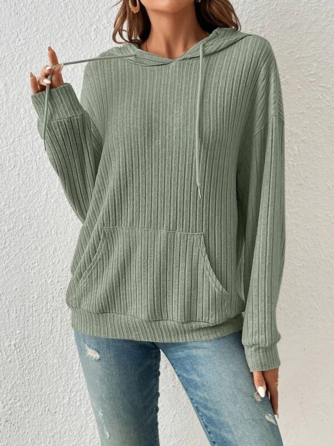*APP EXCLUSIVE* Ribbed Dropped Shoulder Drawstring Hoodie