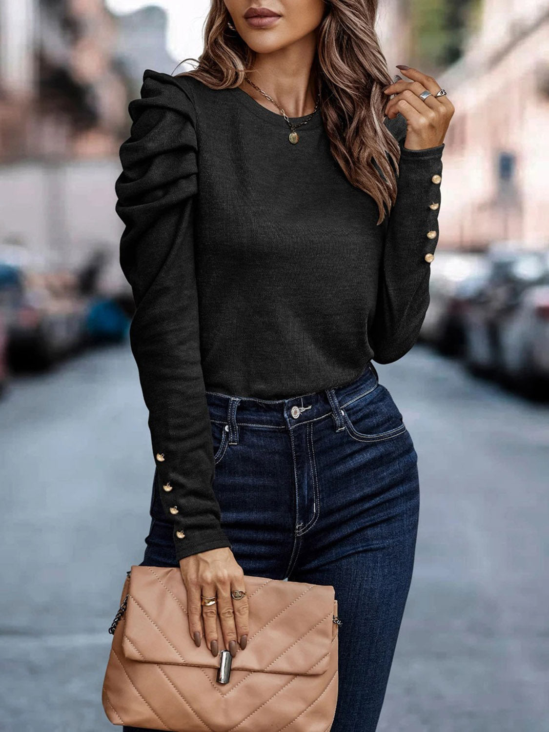 *APP EXCLUSIVE* Decorative Button Puff Sleeve T-Shirt