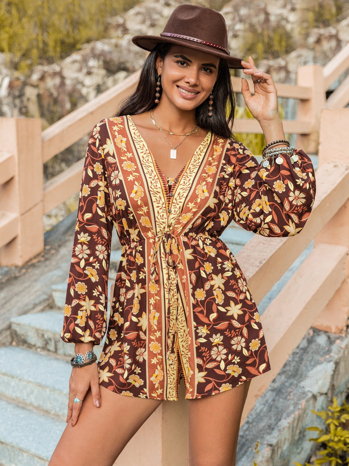 *APP EXCLUSIVE*Rustic Vneck Long Sleeve Romper