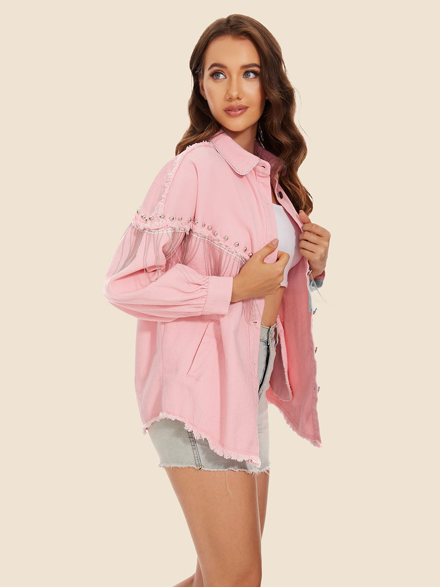*APP EXCLUSIVE* Raw Hem Fringe Detail Denim Jacket