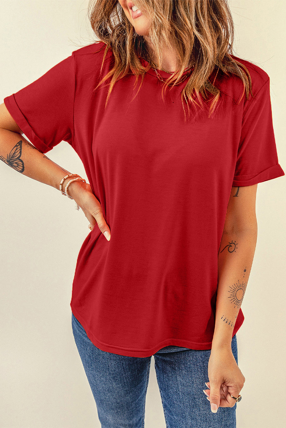 *APP EXCLUSIVE* Round Neck Cuffed Short Sleeve Tee